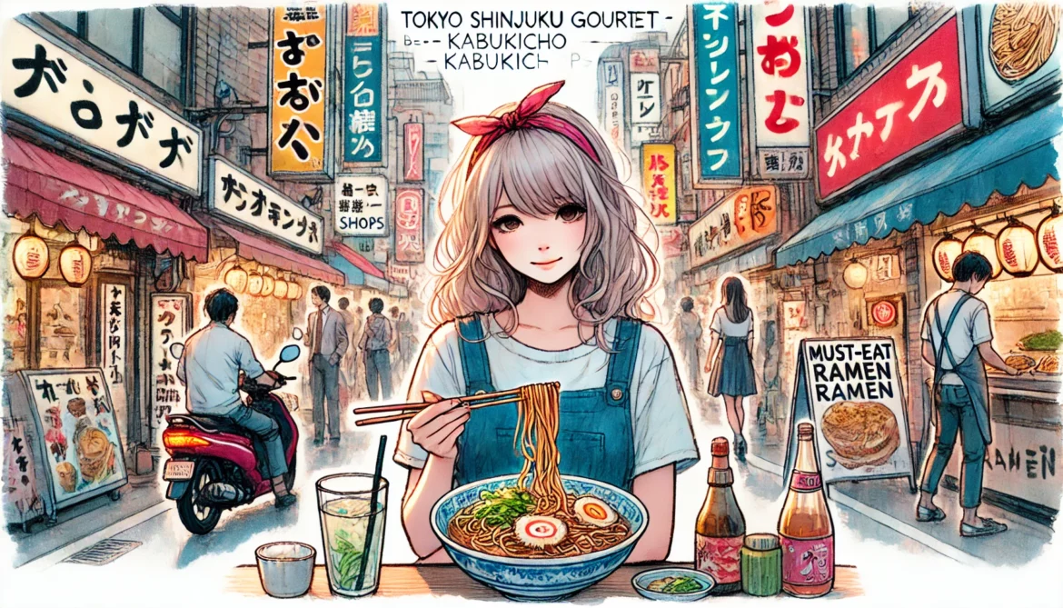 Must-Eat Ramen Shortcuts Recommended by Locals in Japan." The composition features a relaxed, casual female protagonist in a sketch-like line and watercolor style, capturing the vibrant essence of Kabukicho in Shinjuku