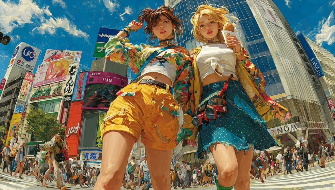 兩個美女在澀谷的著名十字路口逛街