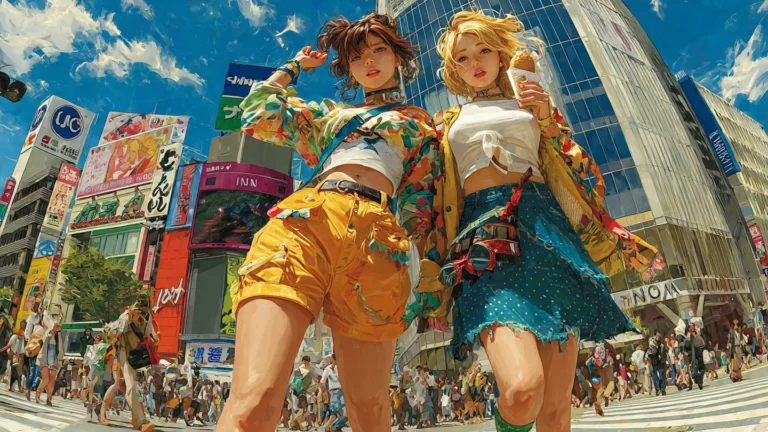 兩個美女在澀谷的著名十字路口逛街