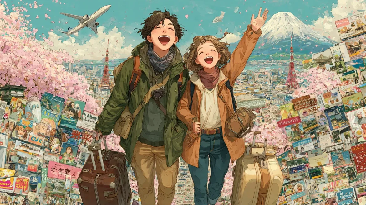 一對情侶興奮地要去日本各各景點旅遊