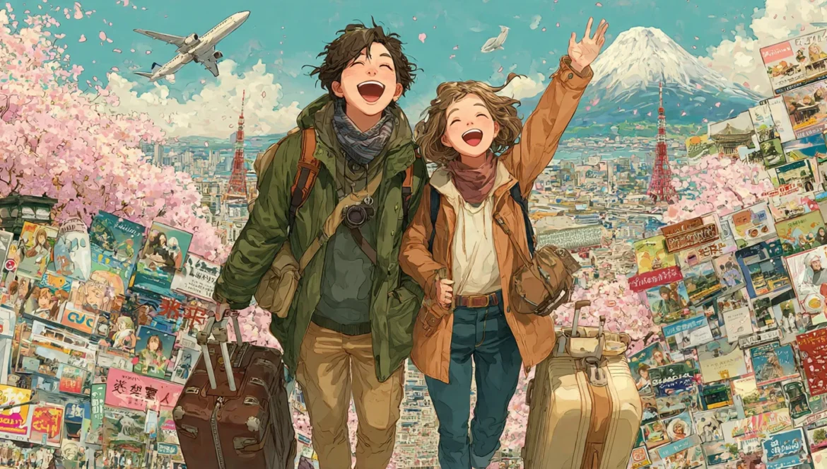 一對情侶興奮地要去日本各各景點旅遊