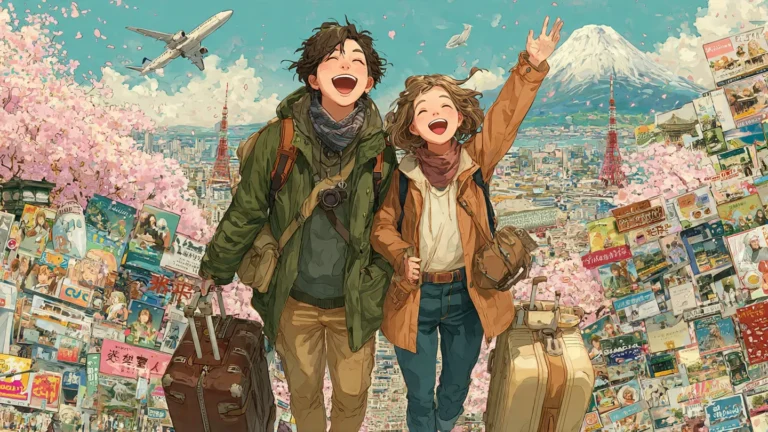 一對情侶興奮地要去日本各各景點旅遊