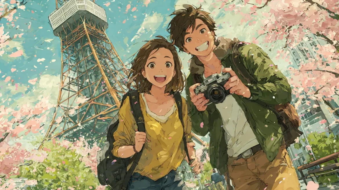 情侶在芝公園望向東京鐵塔合影