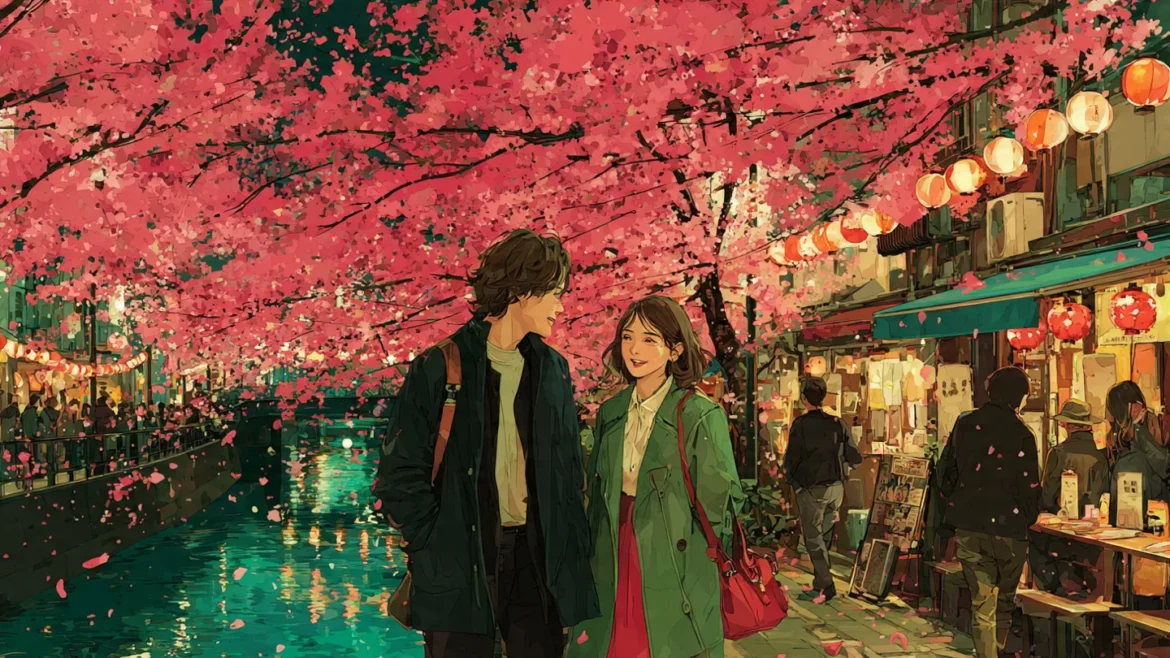 一對情侶在目黑川賞夜櫻