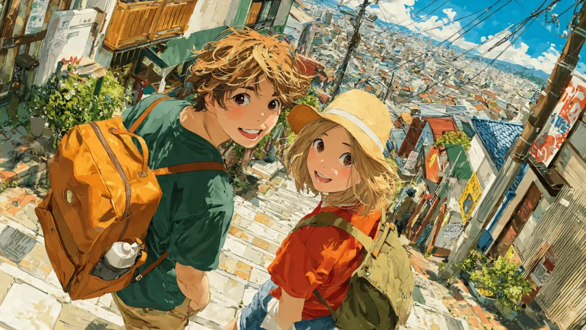 一對情侶開心的在神樂坂逛街