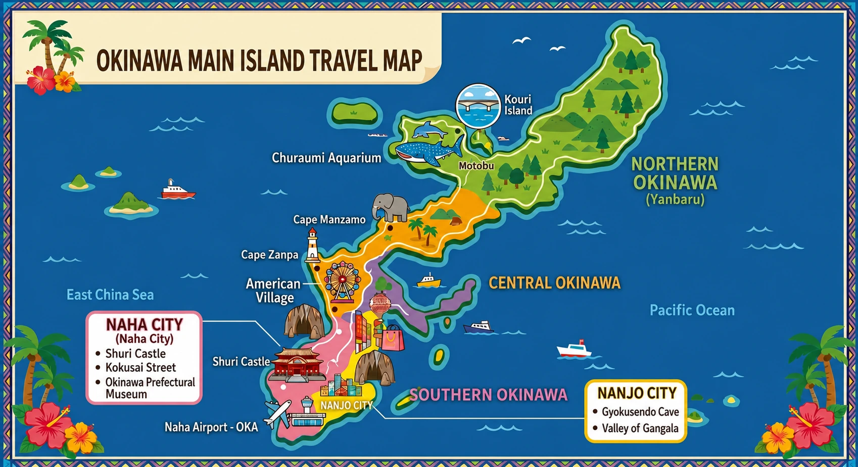 Okinawa main island travel map showing the northern, central and southern regions and key attractions
