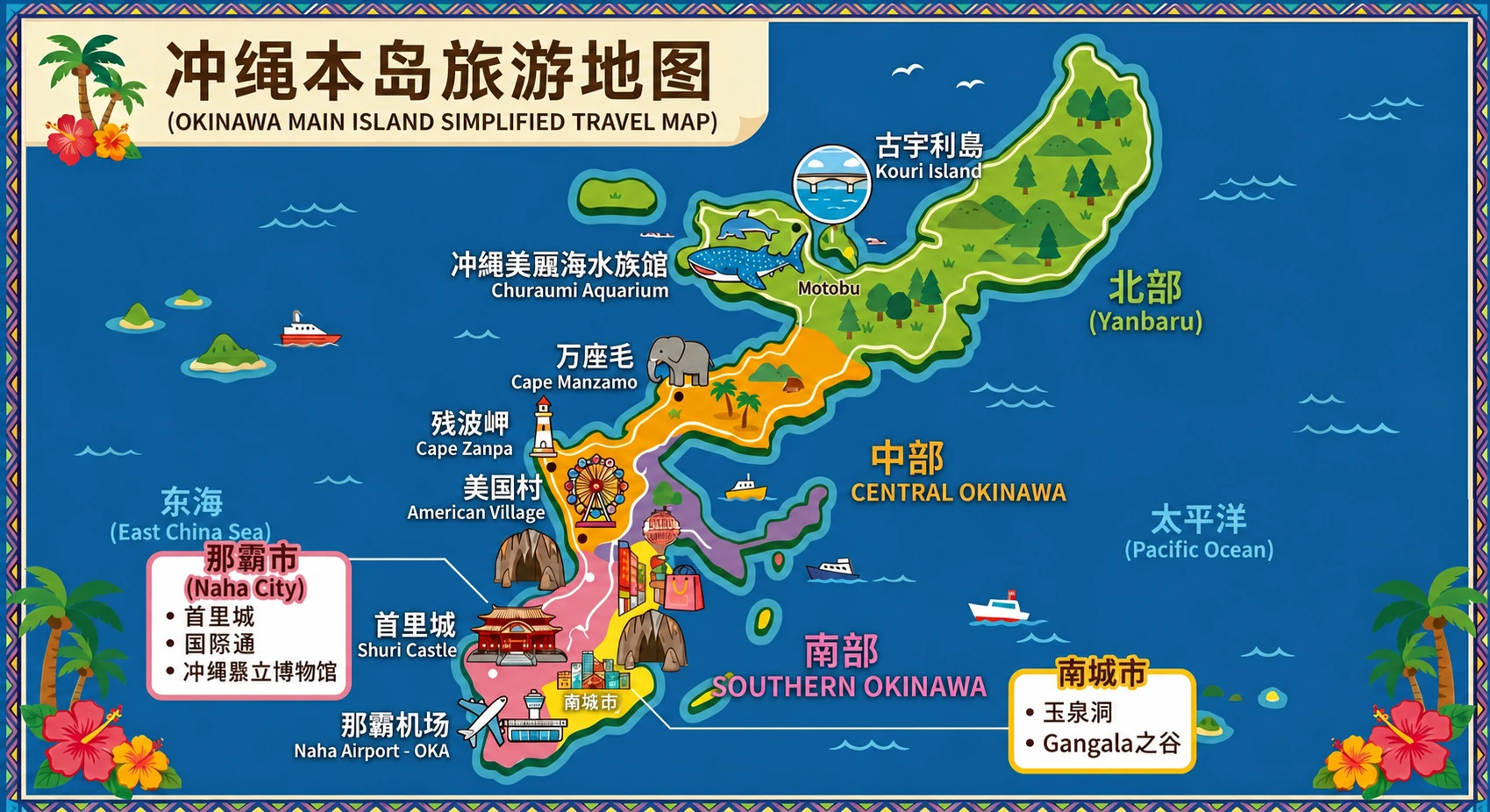冲绳本岛旅游地图,标示北部、中部、南部地区与主要景点