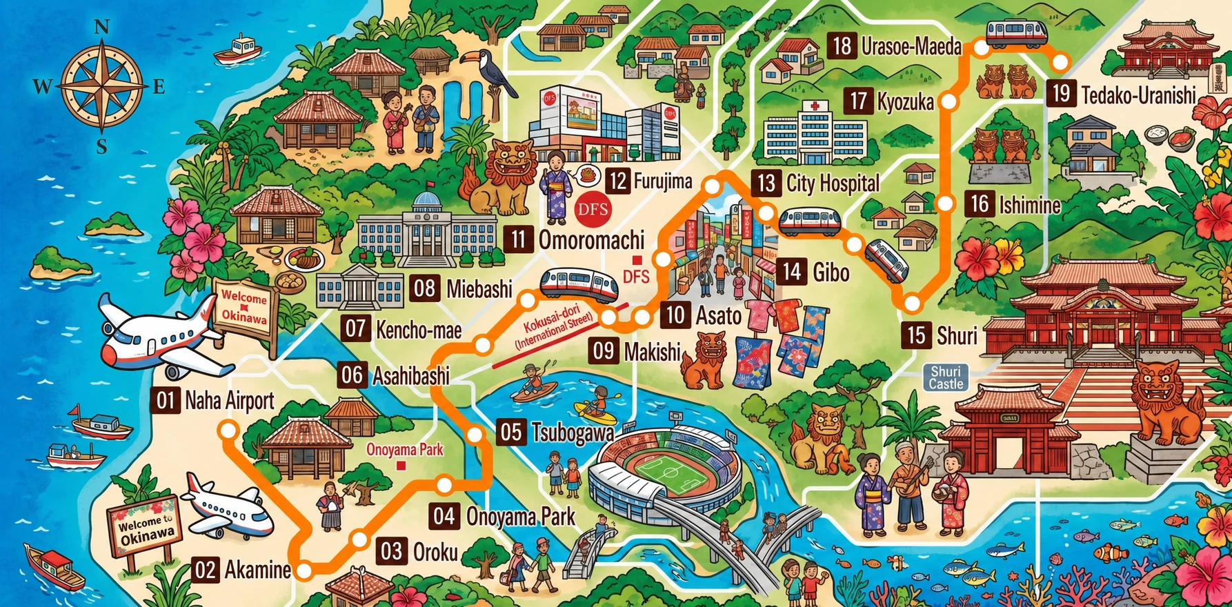 Okinawa Yui Rail route map with stations 01–19